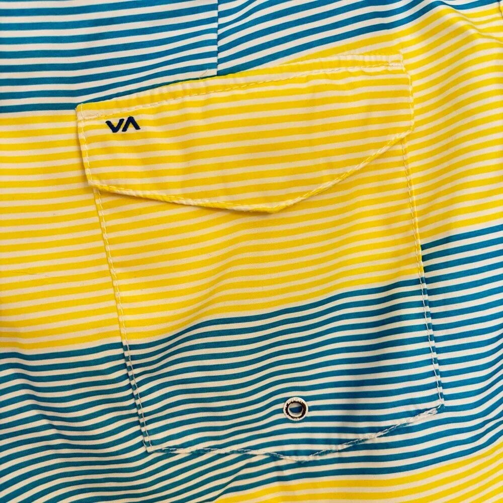 RVCA Performance Stretch Board Shorts Men's Size 32 Yellow Blue Striped Swim Tru